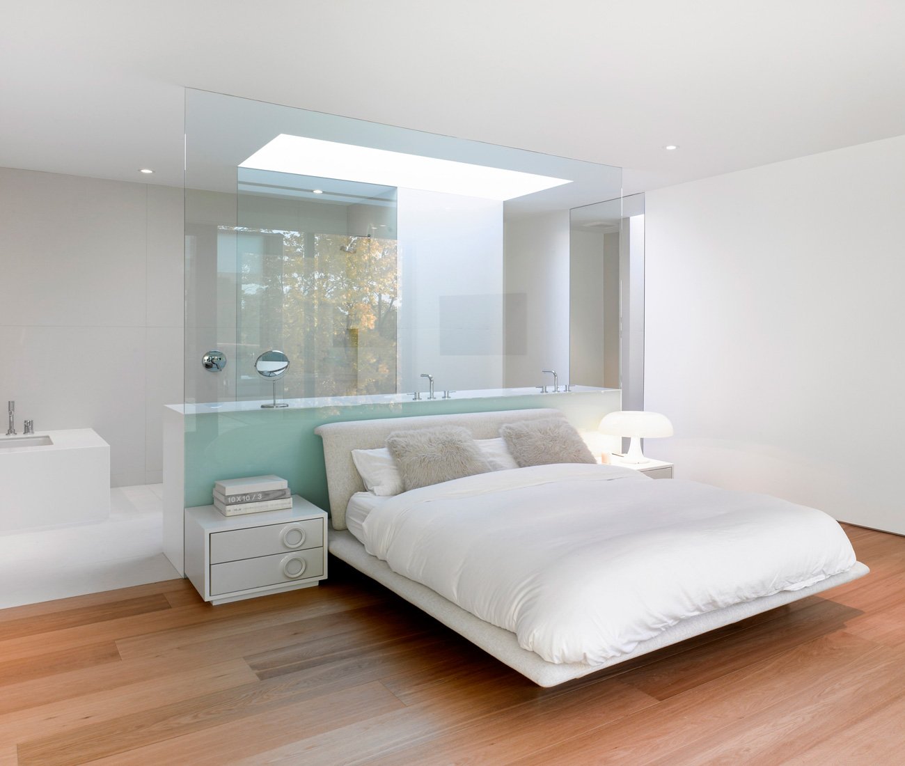A four-metre-deep light well illuminates the master bath behind a glass wall 