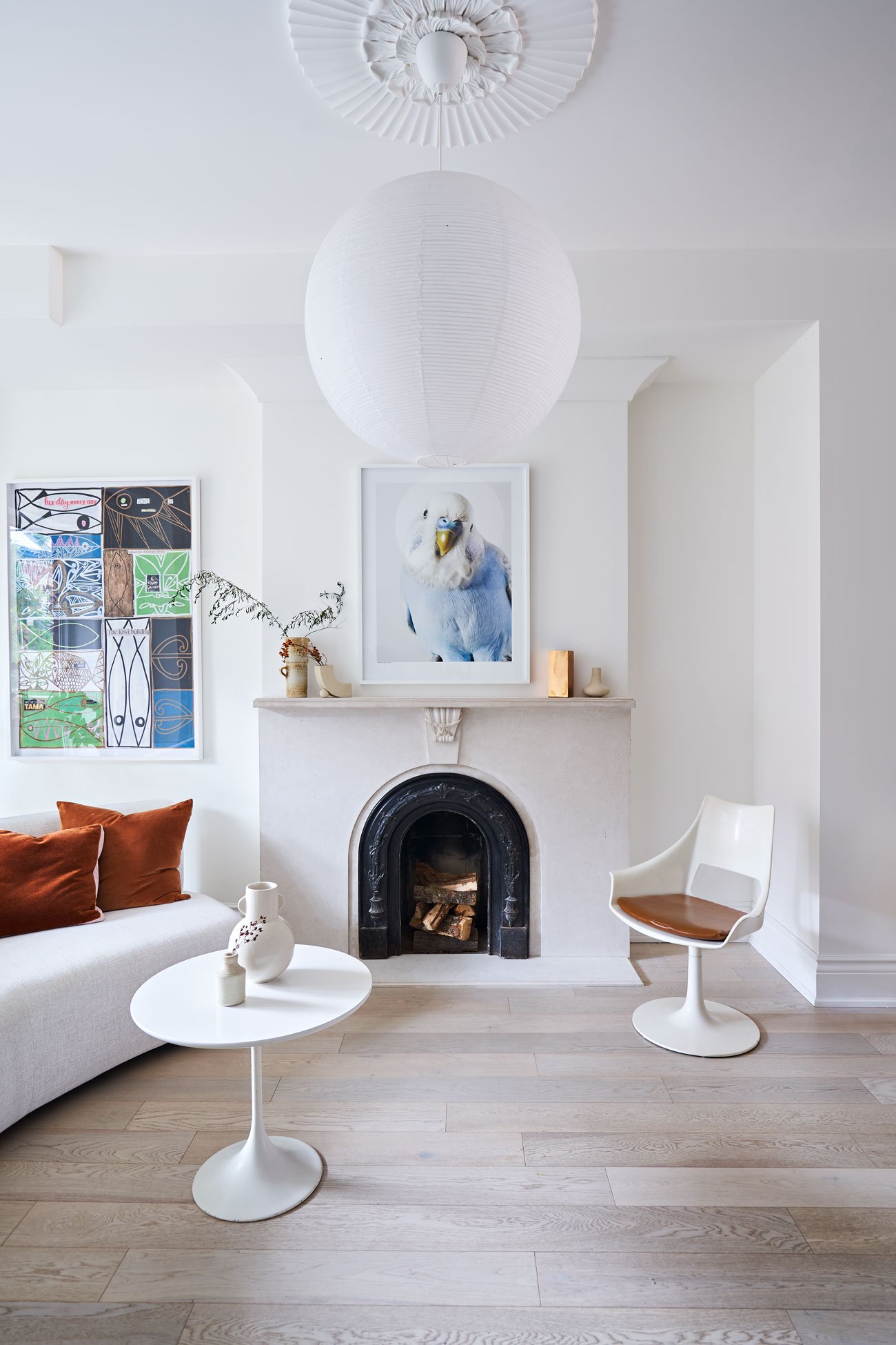 Anna Church art - custom-fabricated fireplace and ceiling rose installed