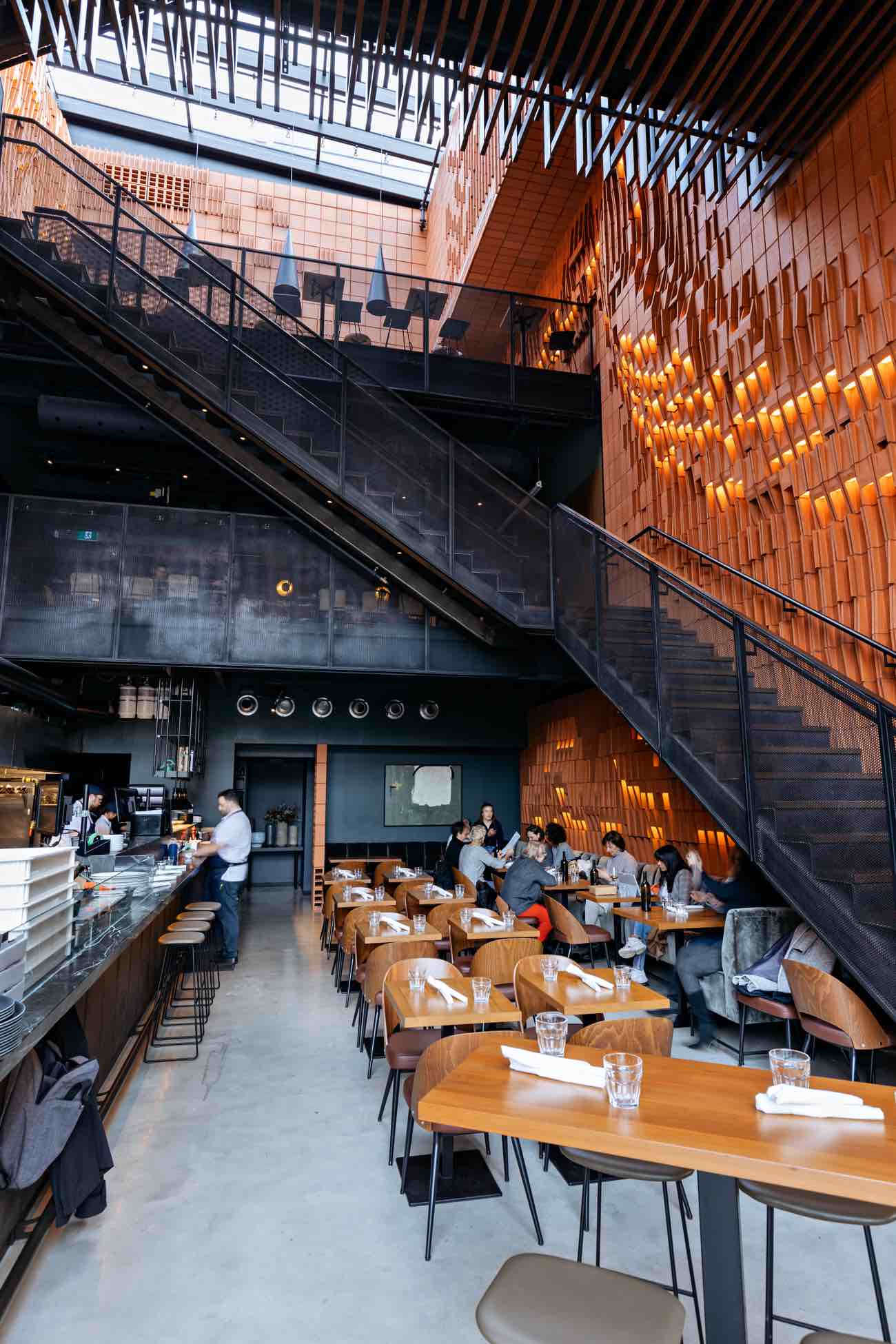 Gusto 501 restaurant, some of the 2,500 terracotta bricks are embedded with LEDs